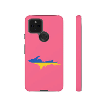 Michigan Upper Peninsula Tough Phone Case (Rhodochrosite Pink w/ UP Ukraine Flag Outline) | Samsung & Pixel Android