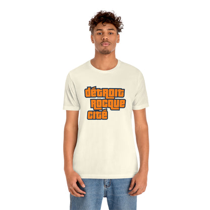 'Détroit Rocque Cité' T-Shirt (Orange Automotive Crime Parody) | Unisex Standard Fit