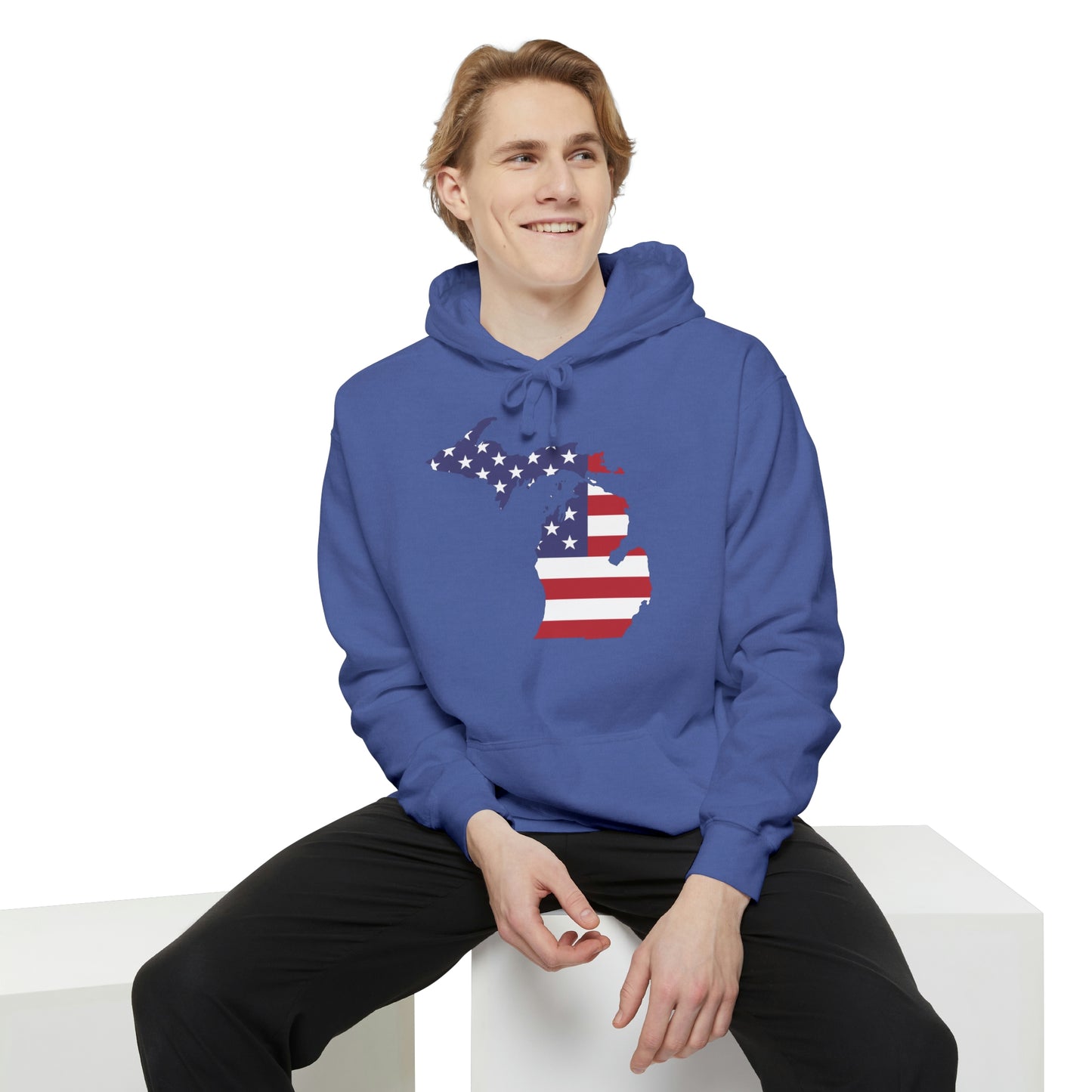 Michigan Upper Peninsula Hoodie (w/ MI USA Flag Outline) | Unisex Garment-Dyed