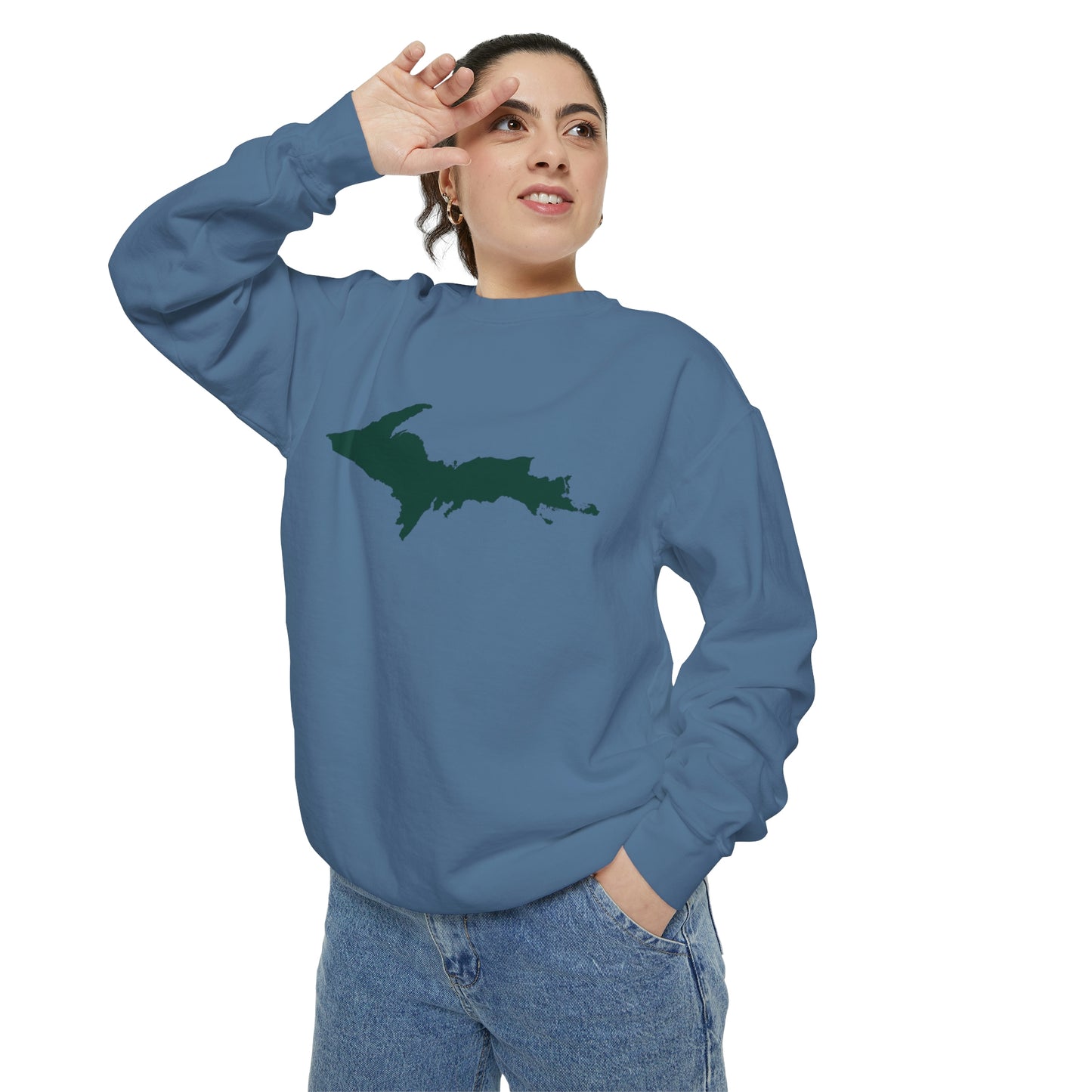 Michigan Upper Peninsula Sweatshirt (w/ Green UP Outline) | Unisex Garment Dyed