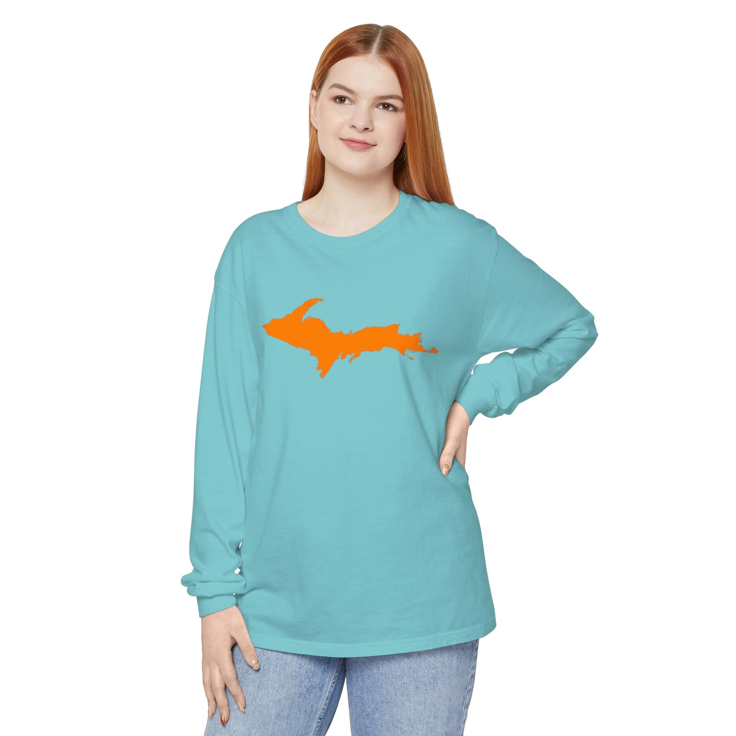 Michigan Upper Peninsula Garment-Dyed T-Shirt (w/ Orange UP Outline) | Unisex Long Sleeve