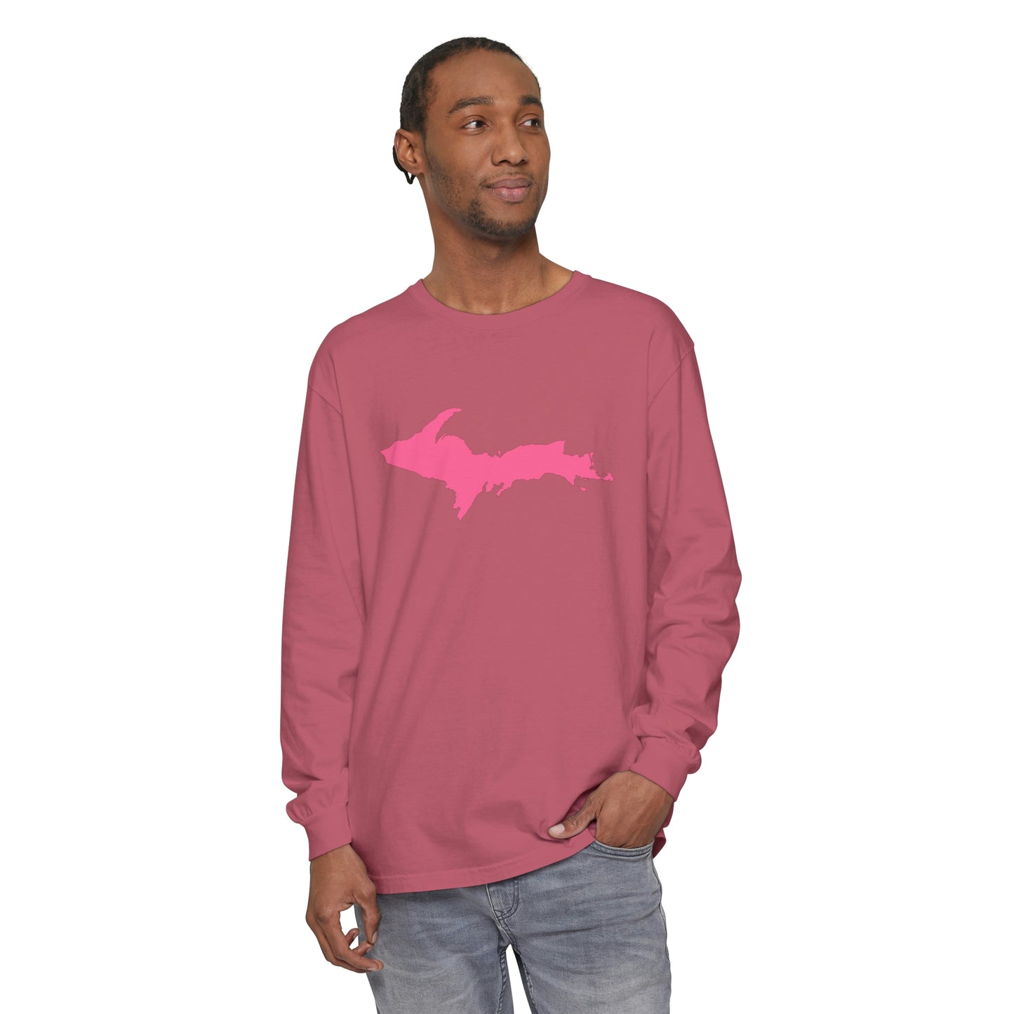 Michigan Upper Peninsula Garment-Dyed T-Shirt (w/ Pink UP Outline) | Unisex Long Sleeve