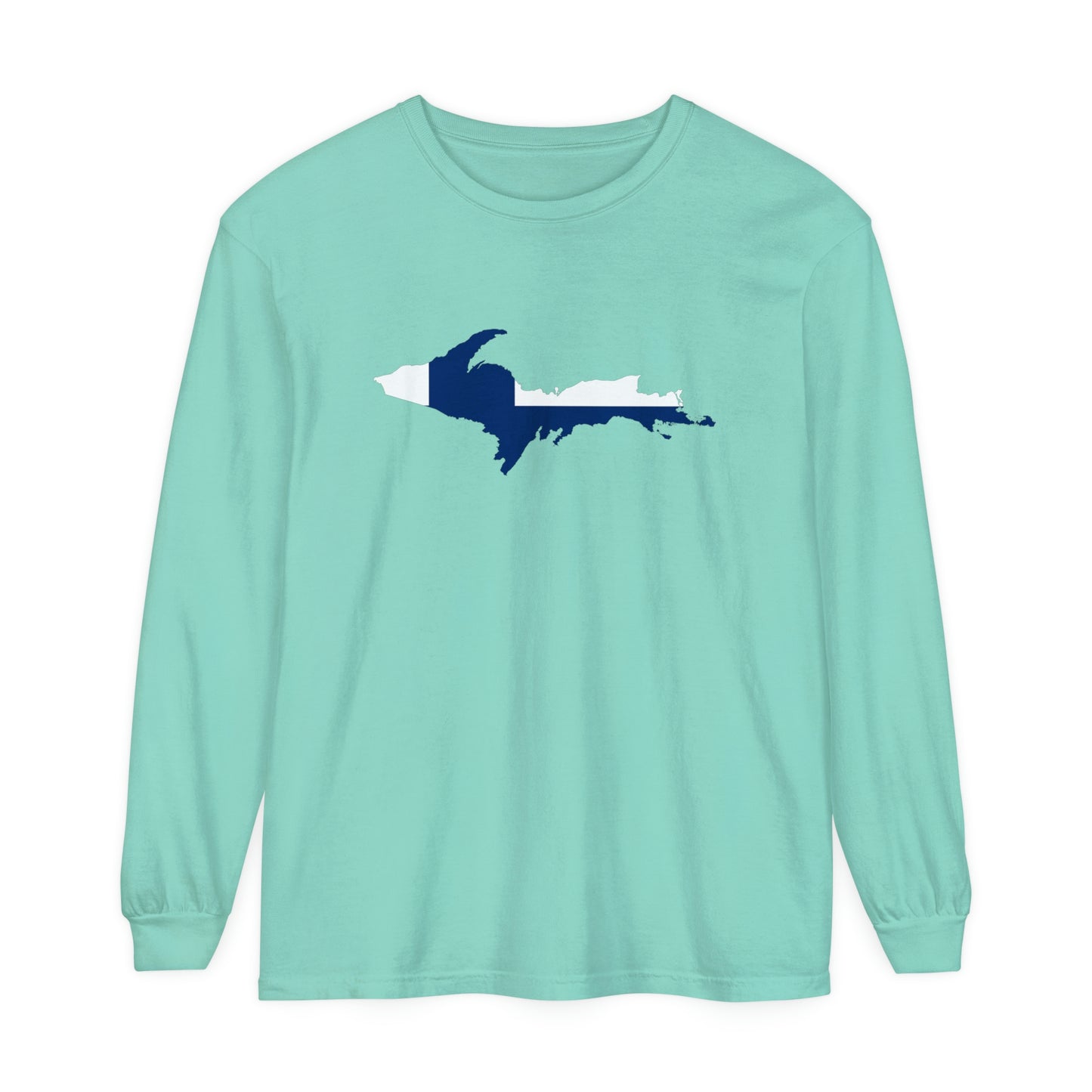 Michigan Upper Peninsula Garment-Dyed T-Shirt (w/ UP Finland Flag Outline) | Unisex Long Sleeve