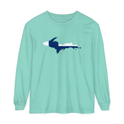 Michigan Upper Peninsula Garment-Dyed T-Shirt (w/ UP Finland Flag Outline) | Unisex Long Sleeve