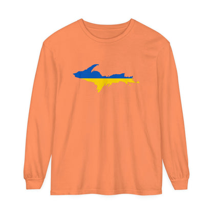 Michigan Upper Peninsula Garment-Dyed T-Shirt (w/ UP Ukraine Flag Outline) | Unisex Long Sleeve