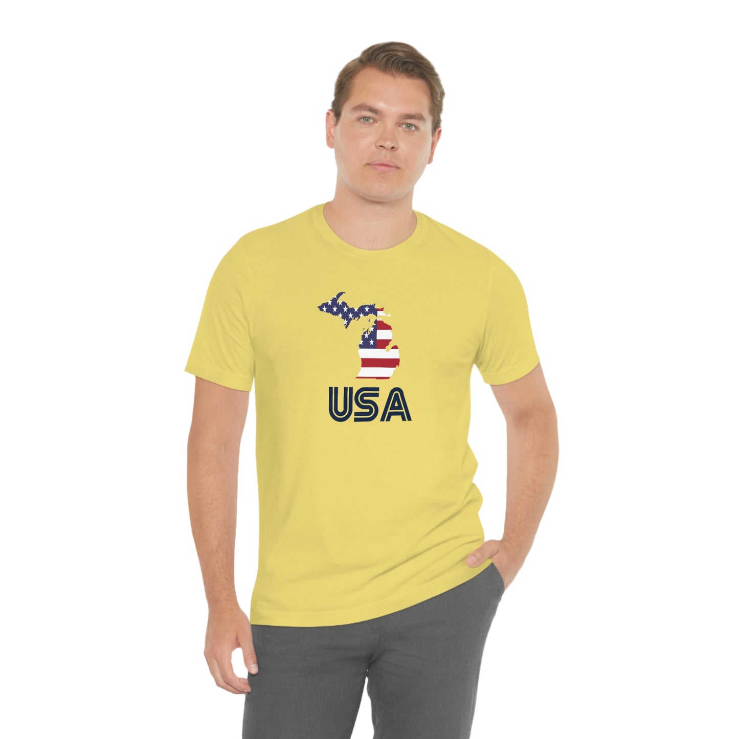 Michigan 'USA' T-Shirt (Audiophile Font w/ MI USA Flag Outline) | Unisex Standard Fit