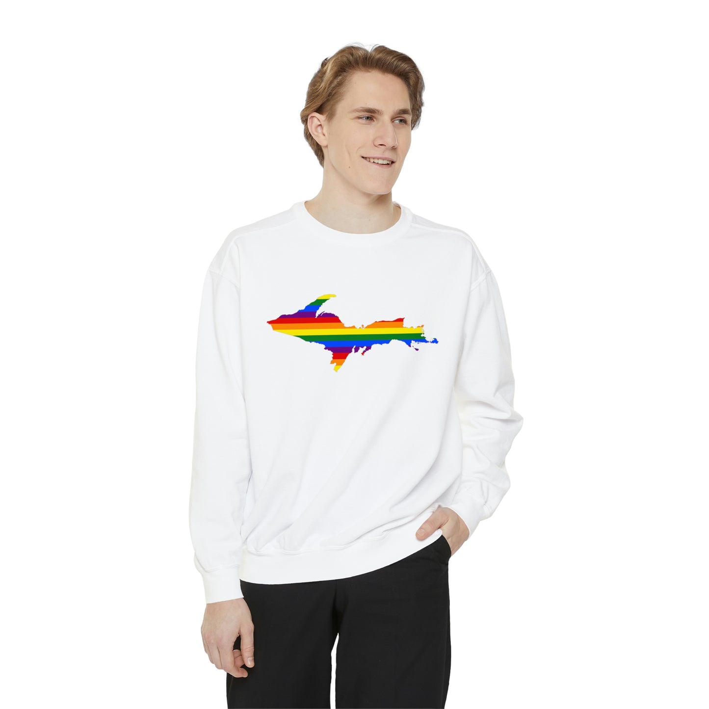 Michigan Upper Peninsula Sweatshirt (w/ UP Pride Flag Outline) | Unisex Garment Dyed