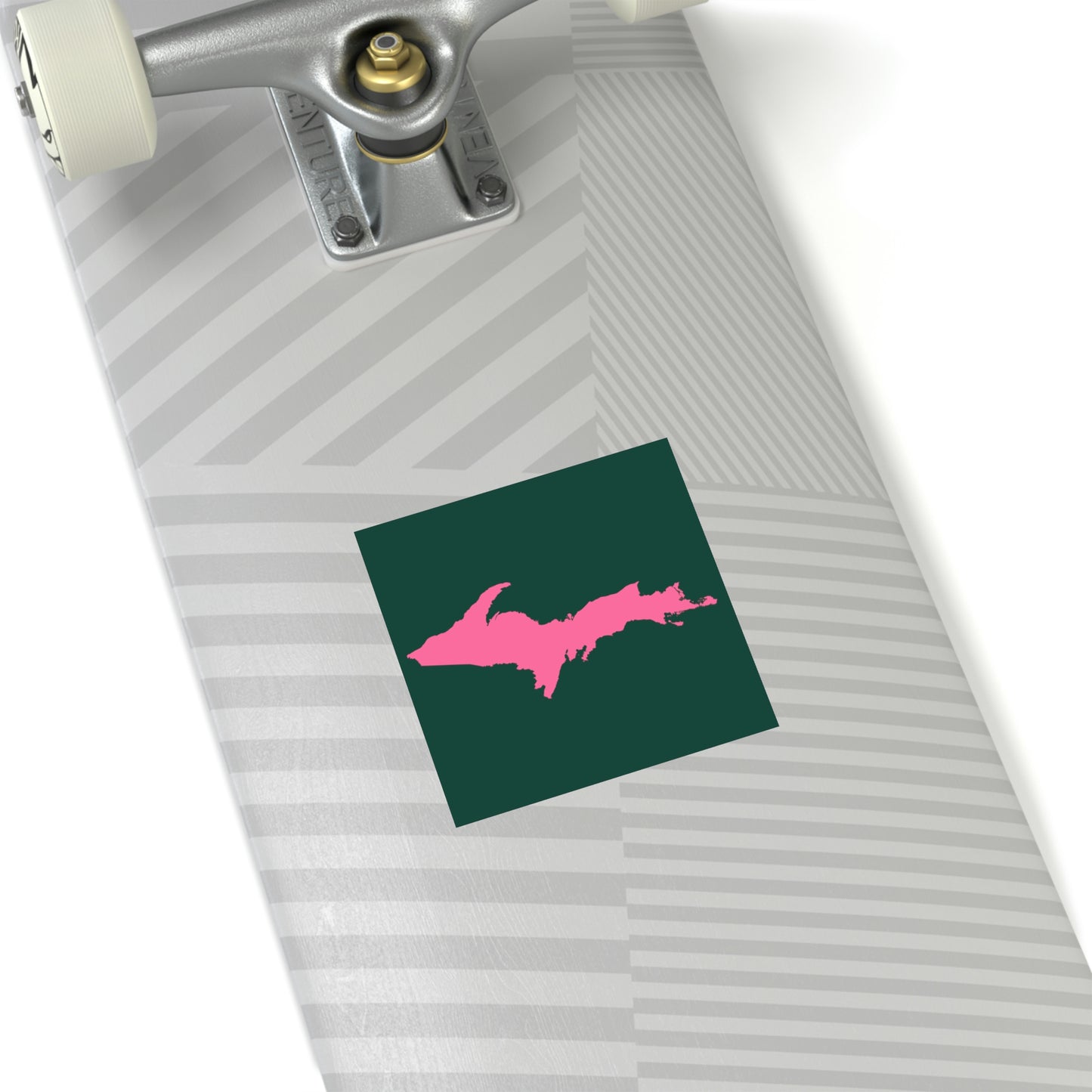 Michigan Upper Peninsula Square Sticker (Green w/ Pink UP Outline) | Indoor/Outdoor