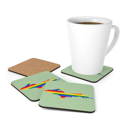 Michigan Upper Peninsula Coaster Set (Green Tea Color w/ UP Pride Flag Outline) | Corkwood - 4 pack