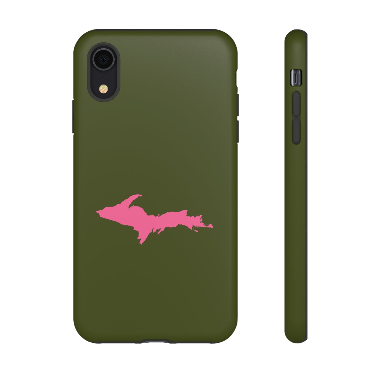 Michigan Upper Peninsula Tough Phone Case (Army Green w/ Pink UP Outline) | Apple iPhone