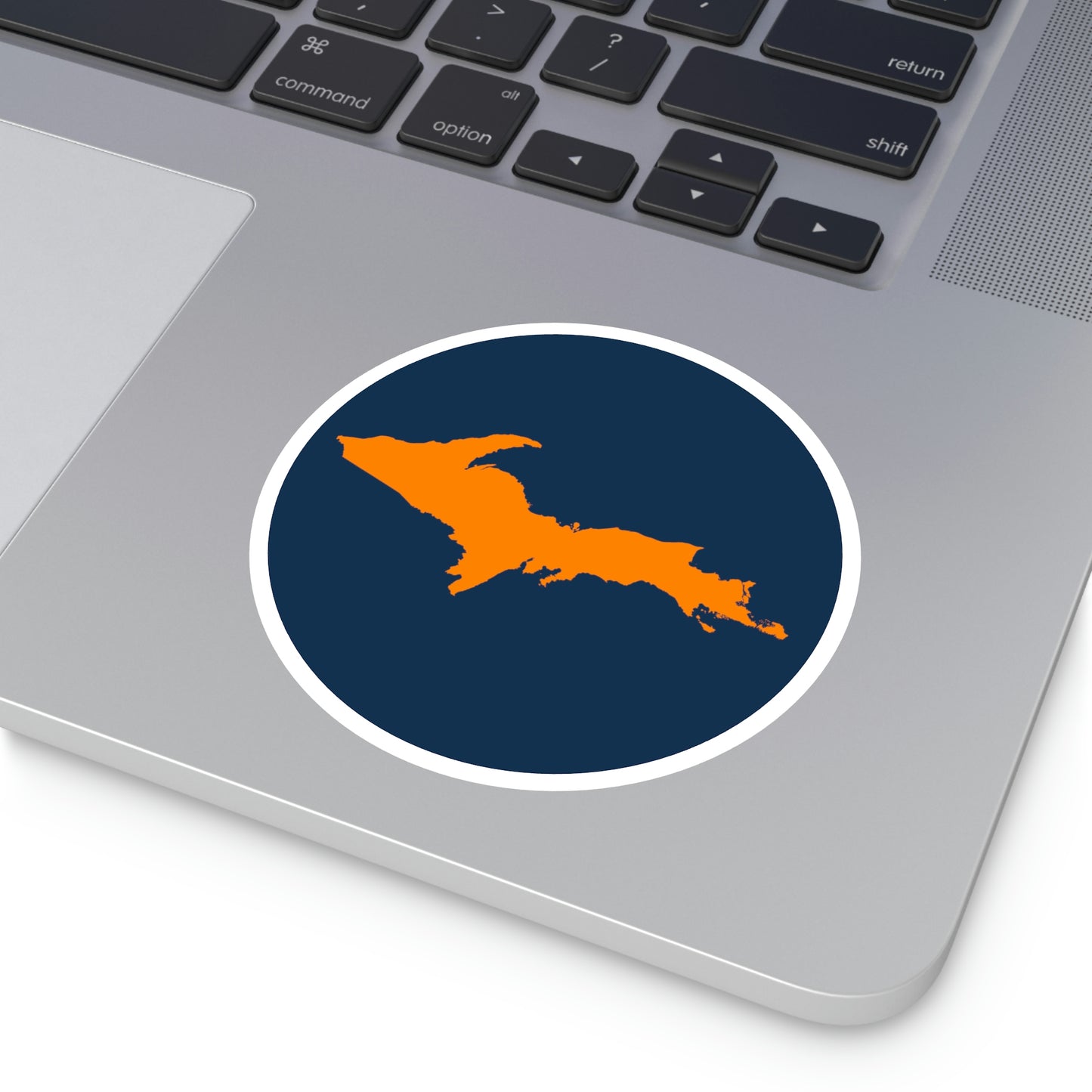 Michigan Upper Peninsula Round Stickers (Navy w/ Orange UP Outline) | Indoor\Outdoor