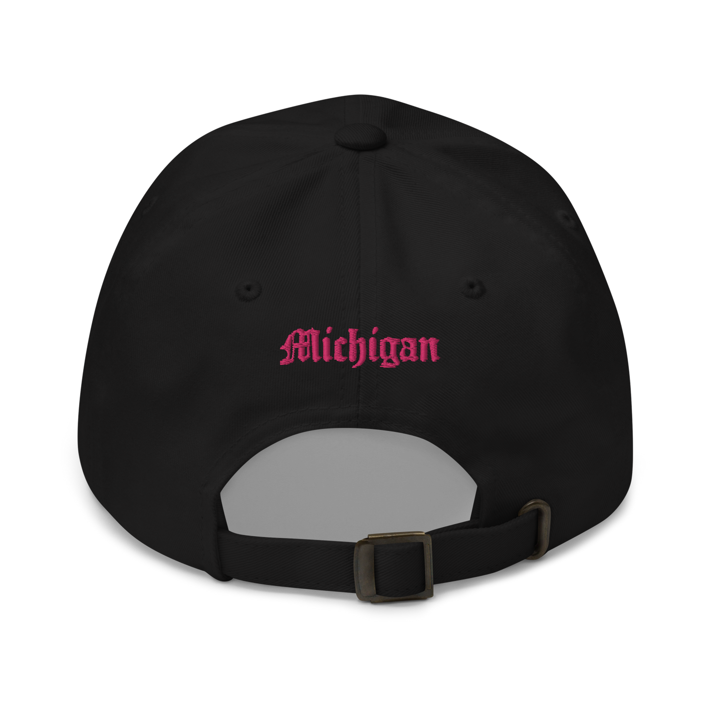 Old English 'M' Dad Hat (w/ 'Michigan' Back Design) | Pink Embroidery