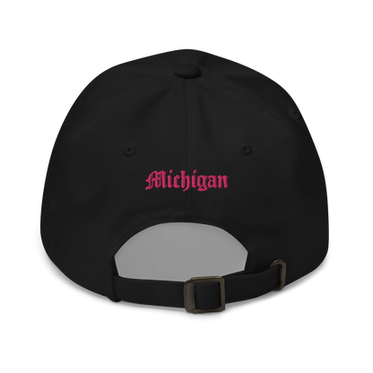 Old English 'M' Dad Hat (w/ 'Michigan' Back Design) | Pink Embroidery