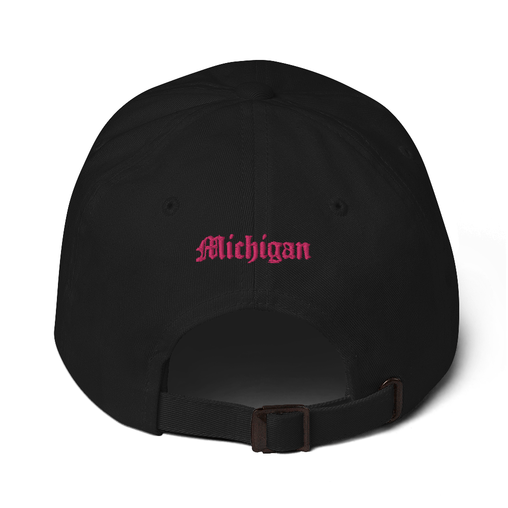 Old English 'M' Dad Hat (w/ 'Michigan' Back Design) | Pink Embroidery