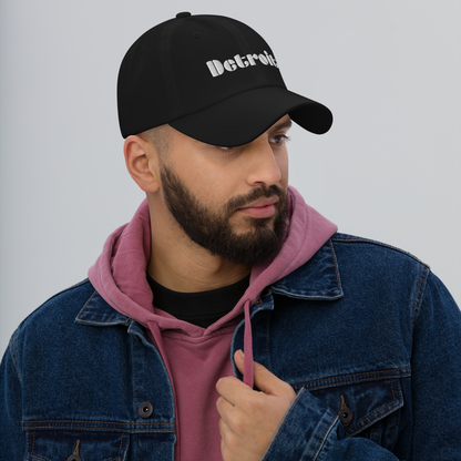 'Detroit' Dad Hat (Art Deco Font) [ White/Black Embroidery