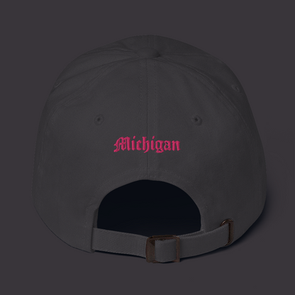 Old English 'M' Dad Hat (w/ 'Michigan' Back Design) | Pink Embroidery