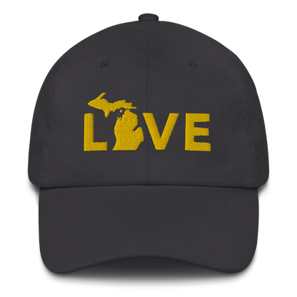 Michigan 'Love' Dad Hat (Geometric Sans Font) | Gold Embroidery