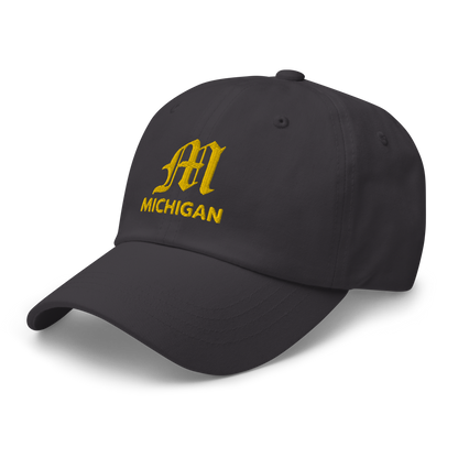 'Michigan' Dad Hat (w/ Old English M) | Gold Embroidery