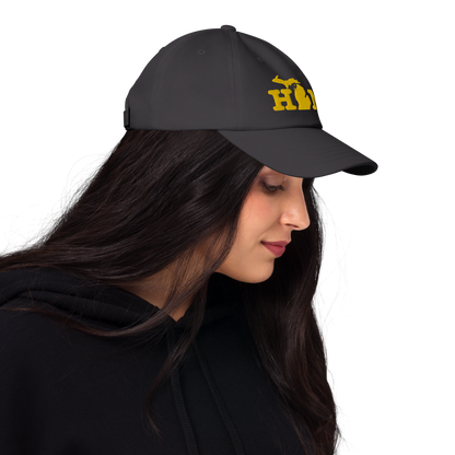 Michigan 'Home' Dad Hat (Typewriter Font) | Gold Embroidery