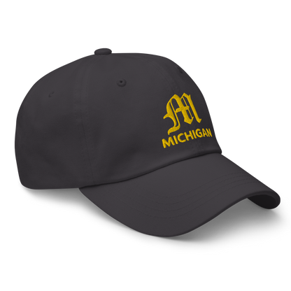 'Michigan' Dad Hat (w/ Old English M) | Gold Embroidery