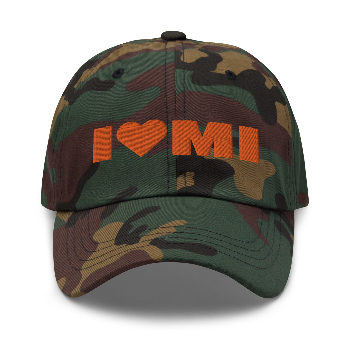 Michigan 'I 🧡 MI' Camouflage Cap (Oleaceous Font)