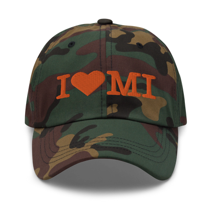 Michigan 'I 🧡 MI' Camouflage Cap (Typewriter Font)