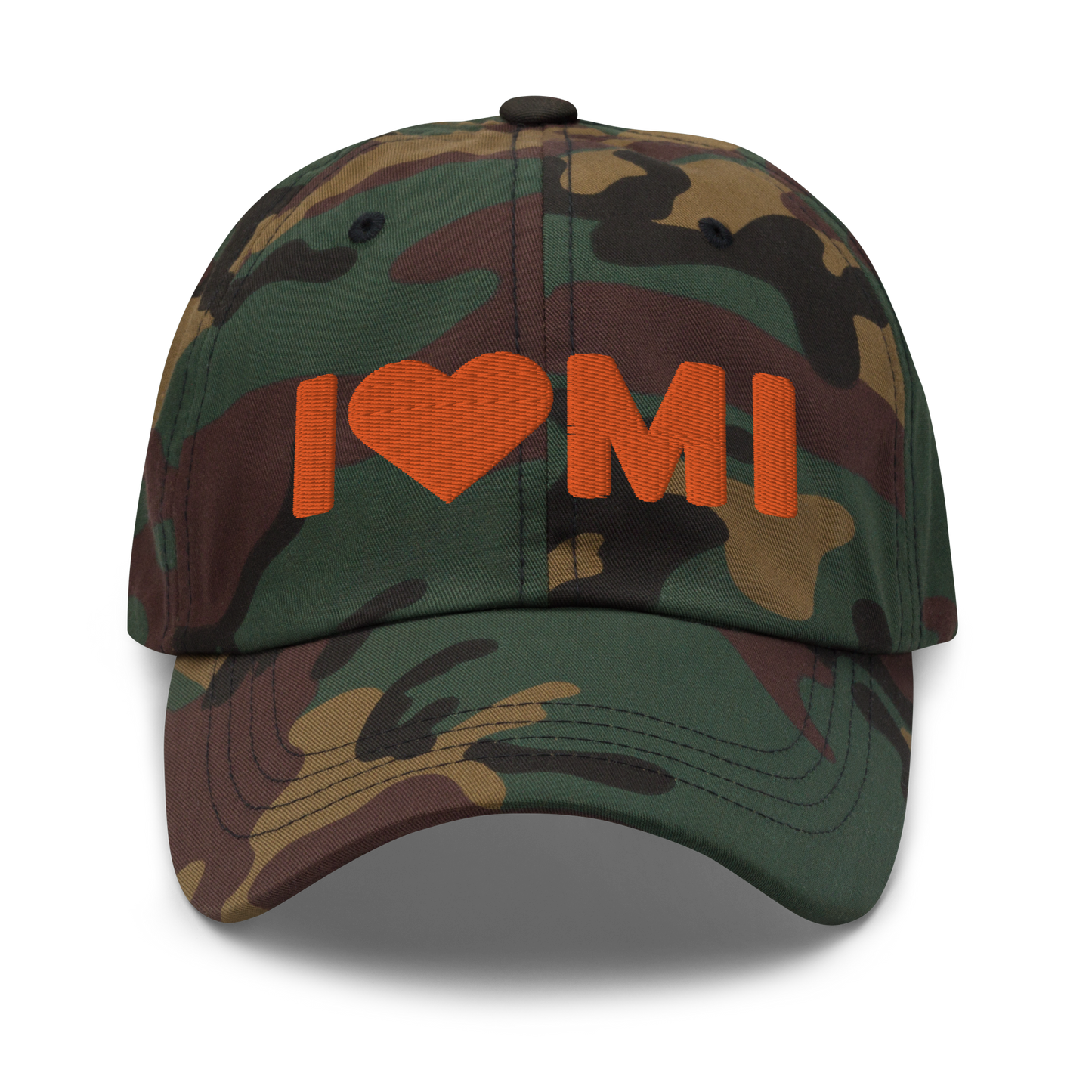 Michigan 'I 🧡 MI' Camouflage Cap (Rounded Swiss Font)