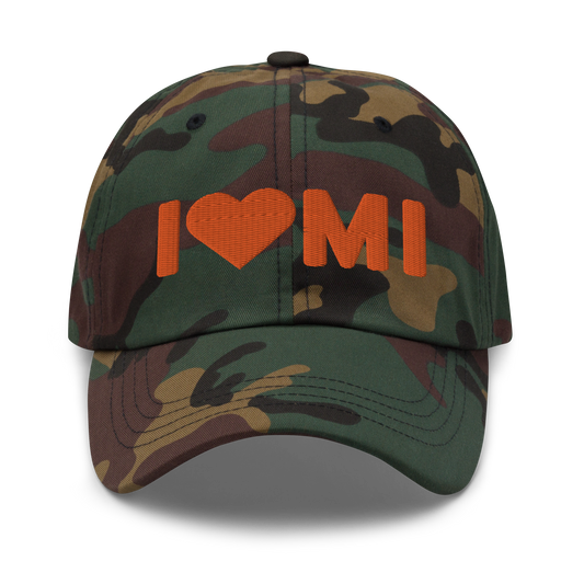 Michigan 'I 🧡 MI' Camouflage Cap (Rounded Swiss Font)