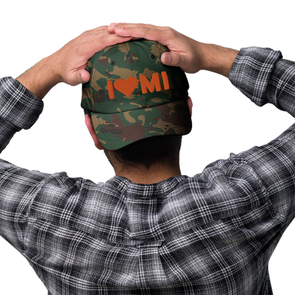 Michigan 'I 🧡 MI' Camouflage Cap (Rounded Swiss Font)