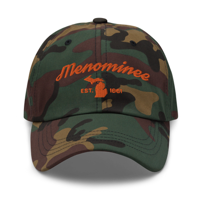 'Menominee EST. 1861' Camouflage Cap (Script Font)