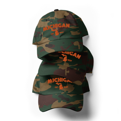 'Michigan EST. 1837' Camouflage Cap (Metalpress Font)