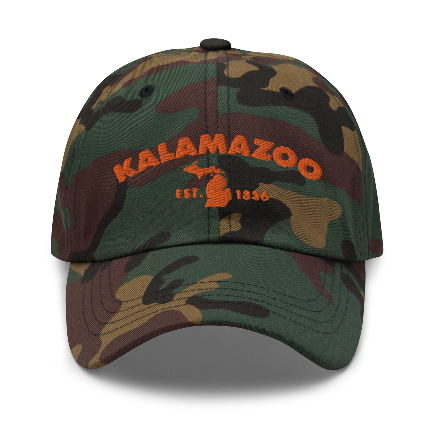 'Kalamazoo EST. 1836' Camouflage Cap (Geometric Sans Font)