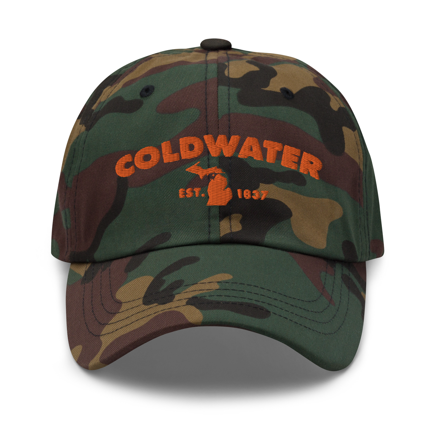 'Coldwater EST. 1837' Camouflage Cap (Geometric Sans Font)