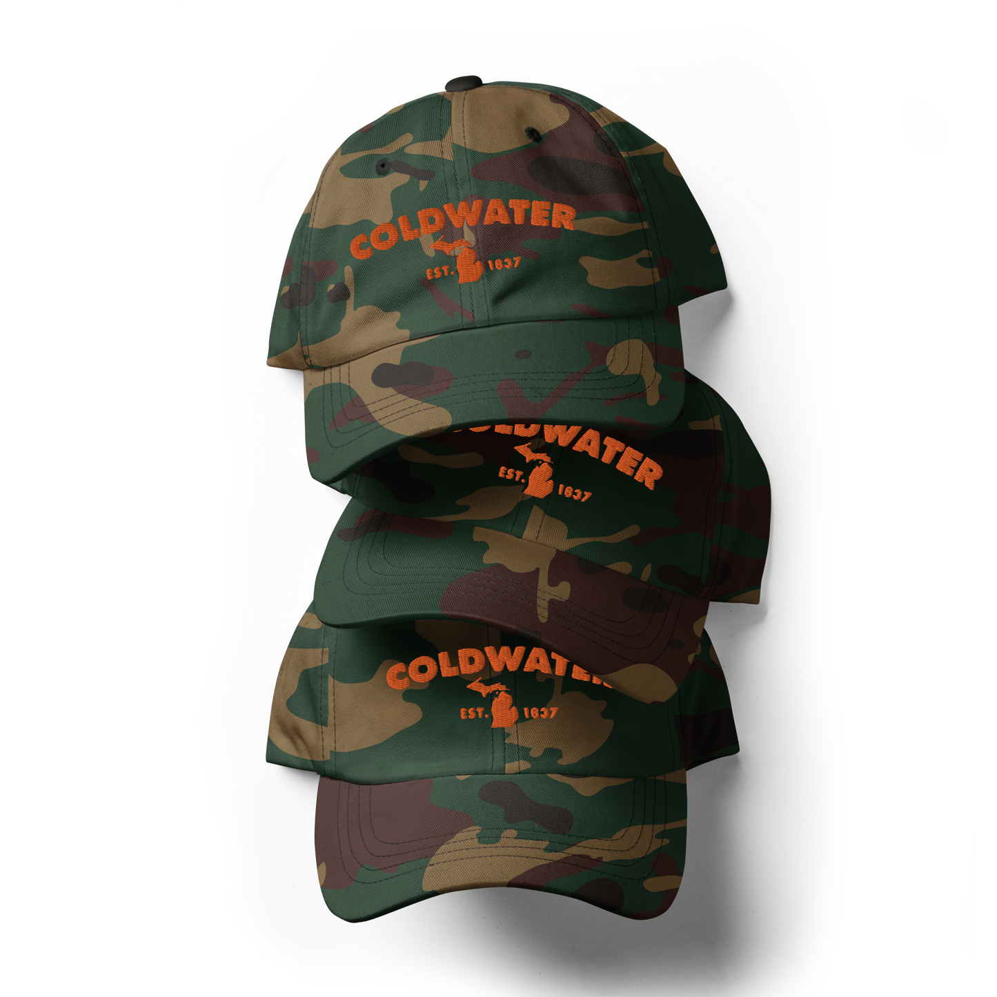 'Coldwater EST. 1837' Camouflage Cap (Geometric Sans Font)