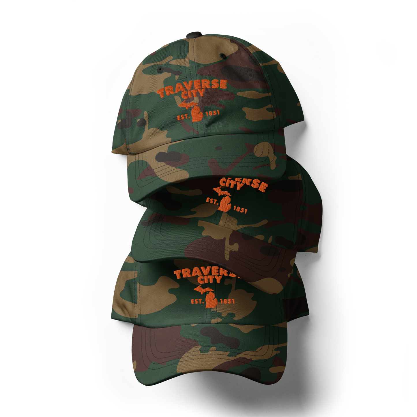 'Traverse City EST. 1851' Camouflage Cap (Geometric Sans Font)