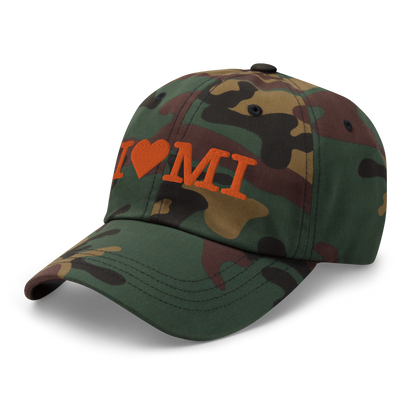 Michigan 'I 🧡 MI' Camouflage Cap (Typewriter Font)