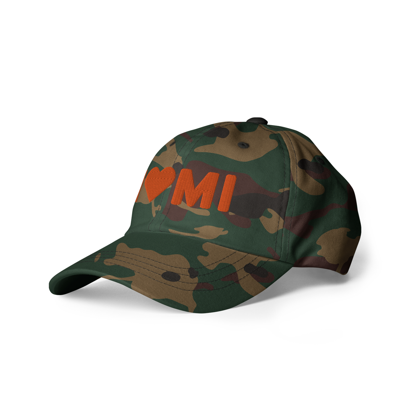 Michigan 'I 🧡 MI' Camouflage Cap (Rounded Swiss Font)