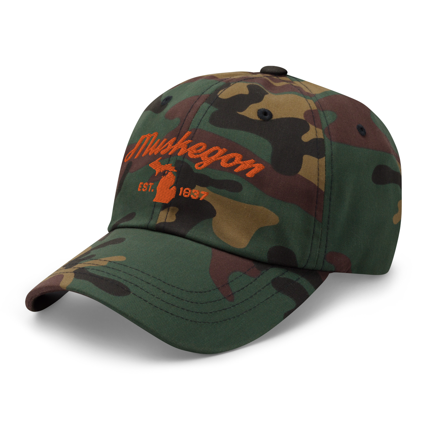 'Muskegon EST. 1837' Camouflage Cap (Script Font)