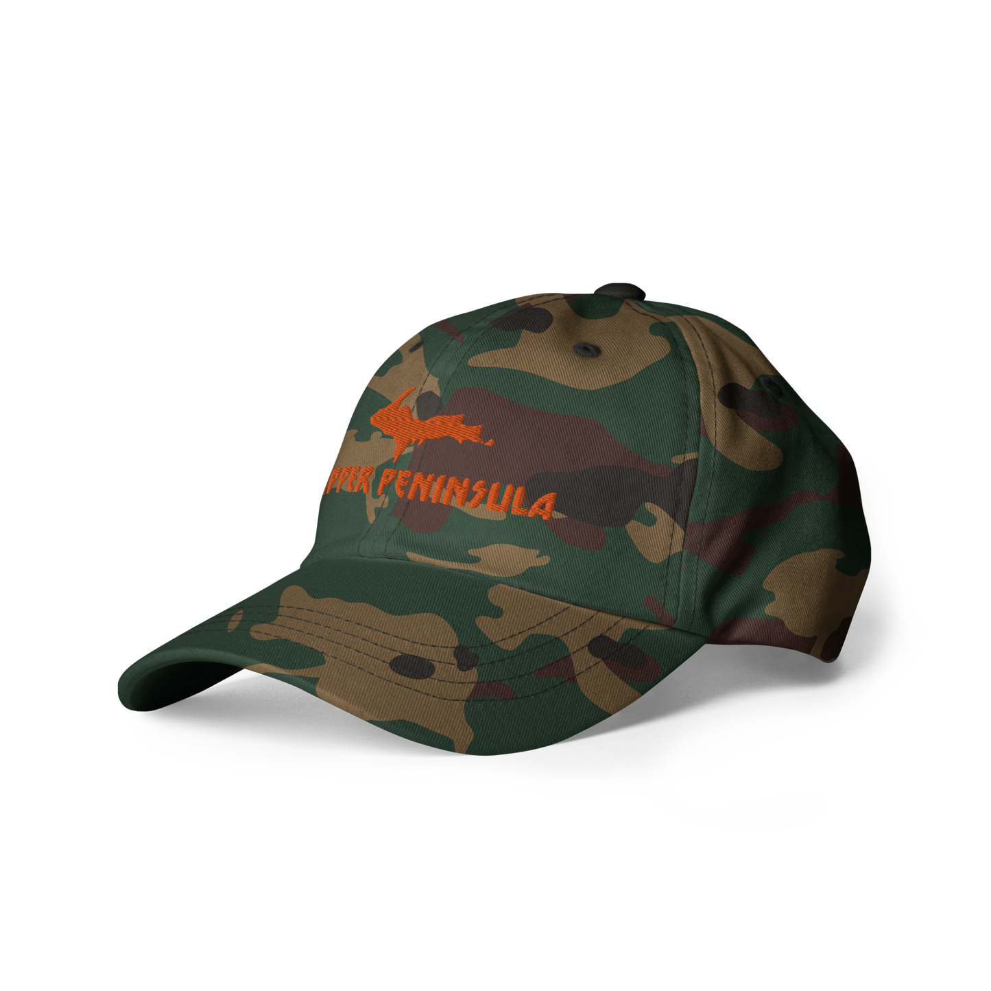 Michigan 'Upper Peninsula' Camouflage Cap (Glam Rock Font w/ UP Outline)