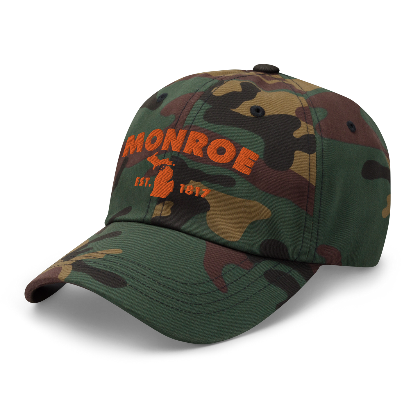 'Monroe EST. 1817' Camouflage Cap (Geometric Sans Font)