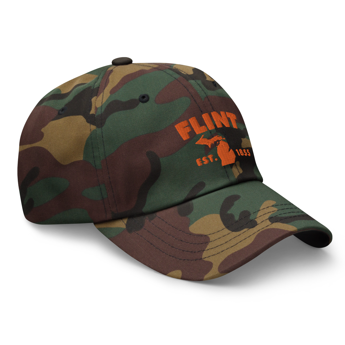 'Flint EST. 1855' Camouflage Cap (Geometric Sans Font)