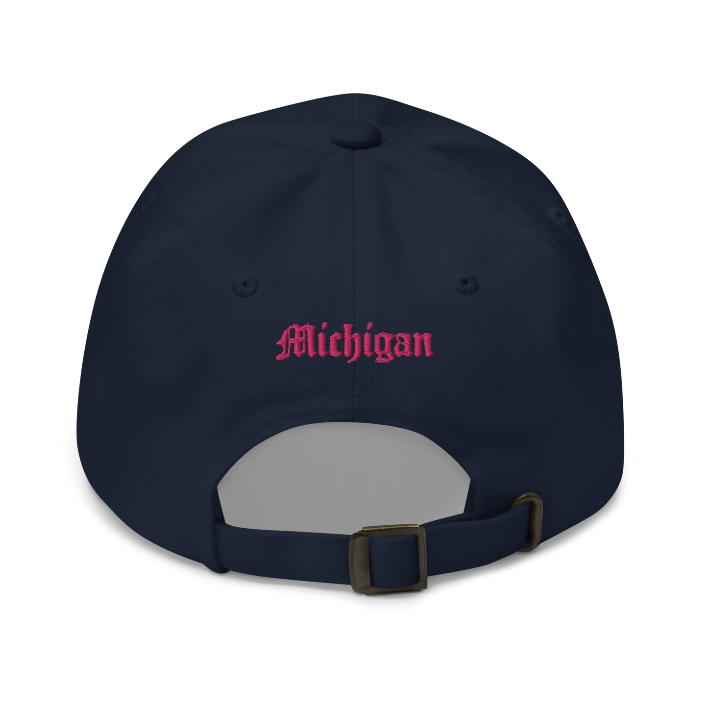 Old English 'M' Dad Hat (w/ 'Michigan' Back Design) | Pink Embroidery