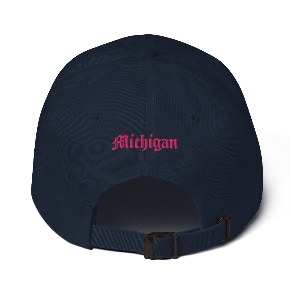 Old English 'M' Dad Hat (w/ 'Michigan' Back Design) | Pink Embroidery