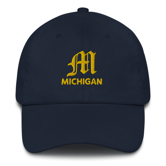 'Michigan' Dad Hat (w/ Old English M) | Gold Embroidery