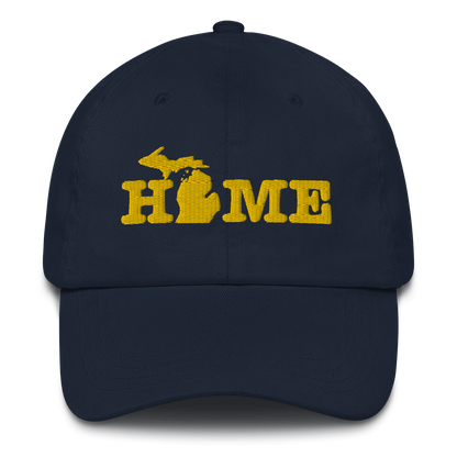 Michigan 'Home' Dad Hat (Typewriter Font) | Gold Embroidery