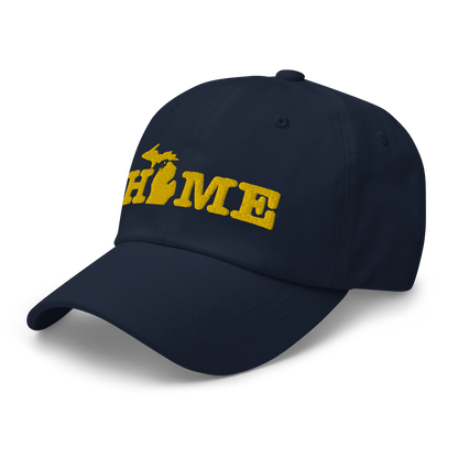 Michigan 'Home' Dad Hat (Typewriter Font) | Gold Embroidery