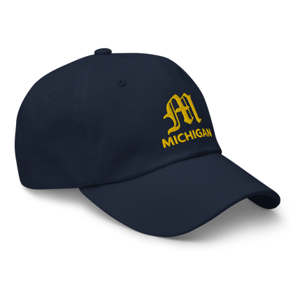 'Michigan' Dad Hat (w/ Old English M) | Gold Embroidery