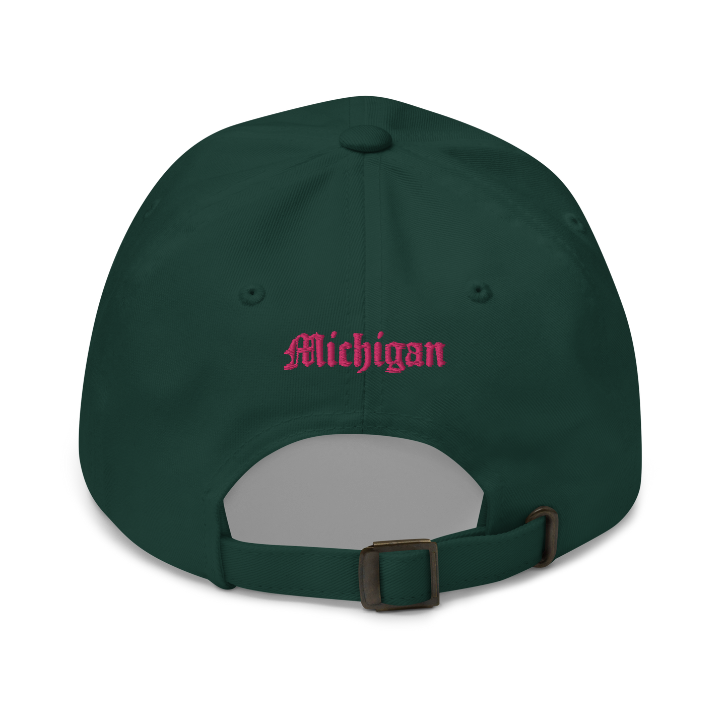 Old English 'M' Dad Hat (w/ 'Michigan' Back Design) | Pink Embroidery