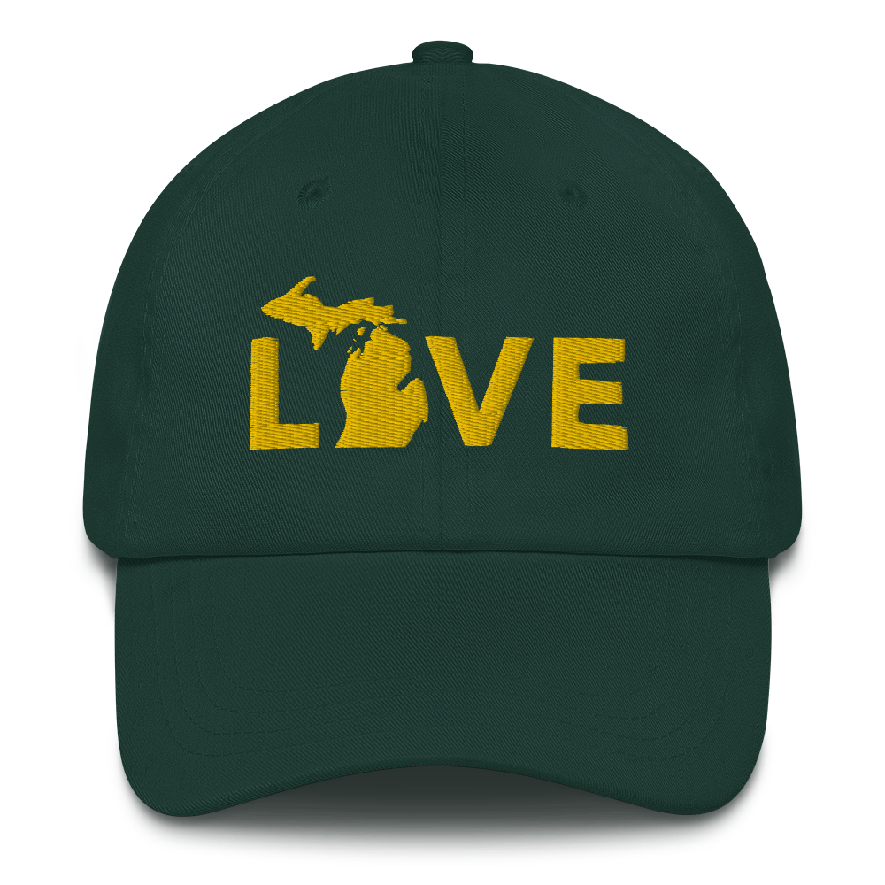 Michigan 'Love' Dad Hat (Geometric Sans Font) | Gold Embroidery