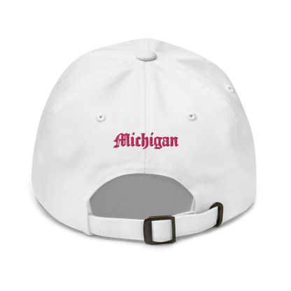 Old English 'M' Dad Hat (w/ 'Michigan' Back Design) | Pink Embroidery